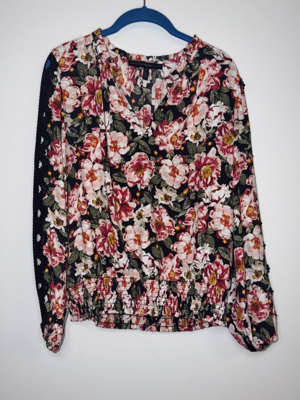 White House Black Market Floral Smocked-Waist Long Sleeve Blouse - Size L